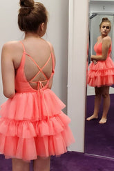 Charming Layered Coral V-Neck Tulle Short Homecoming Dress